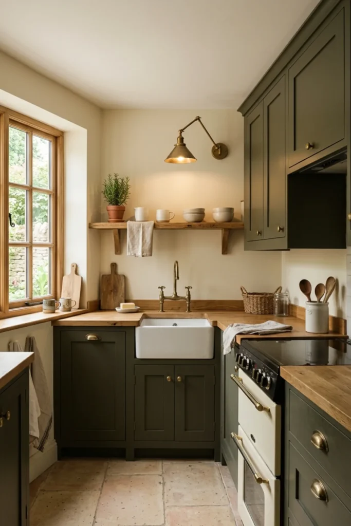Dark olive cottage kitchen with aged brass hardware