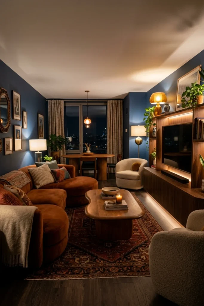 Apartment living room with subtle warm shelf lighting