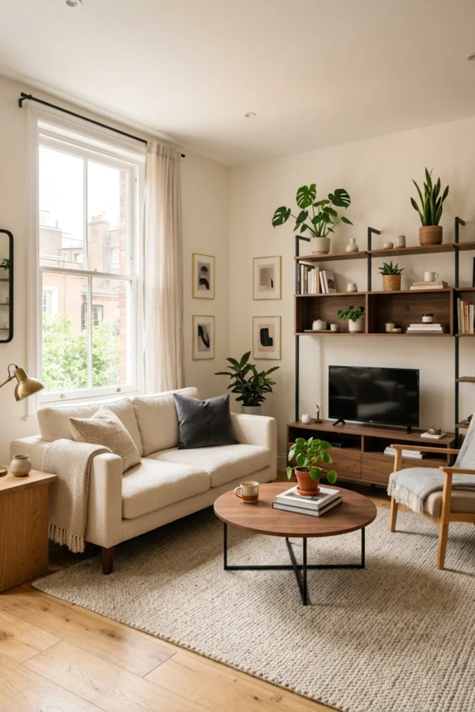 Small apartment with warm white walls and soft neutral decor