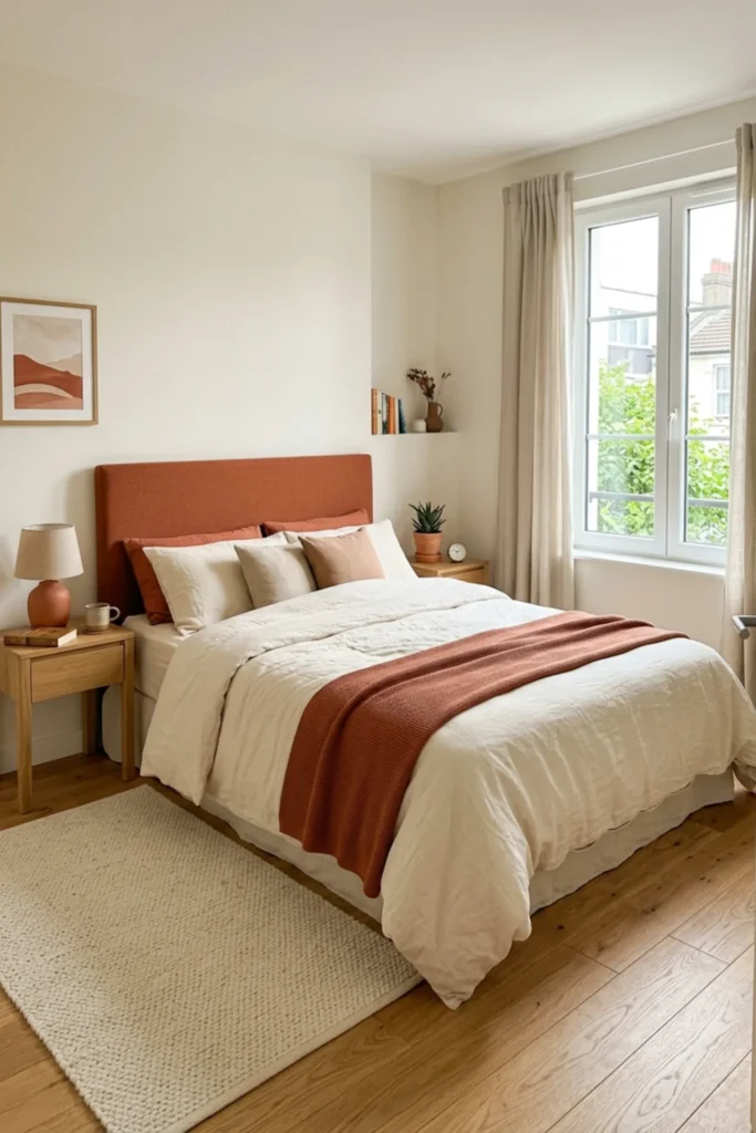 Small terracotta bedroom with warm white walls and light furniture