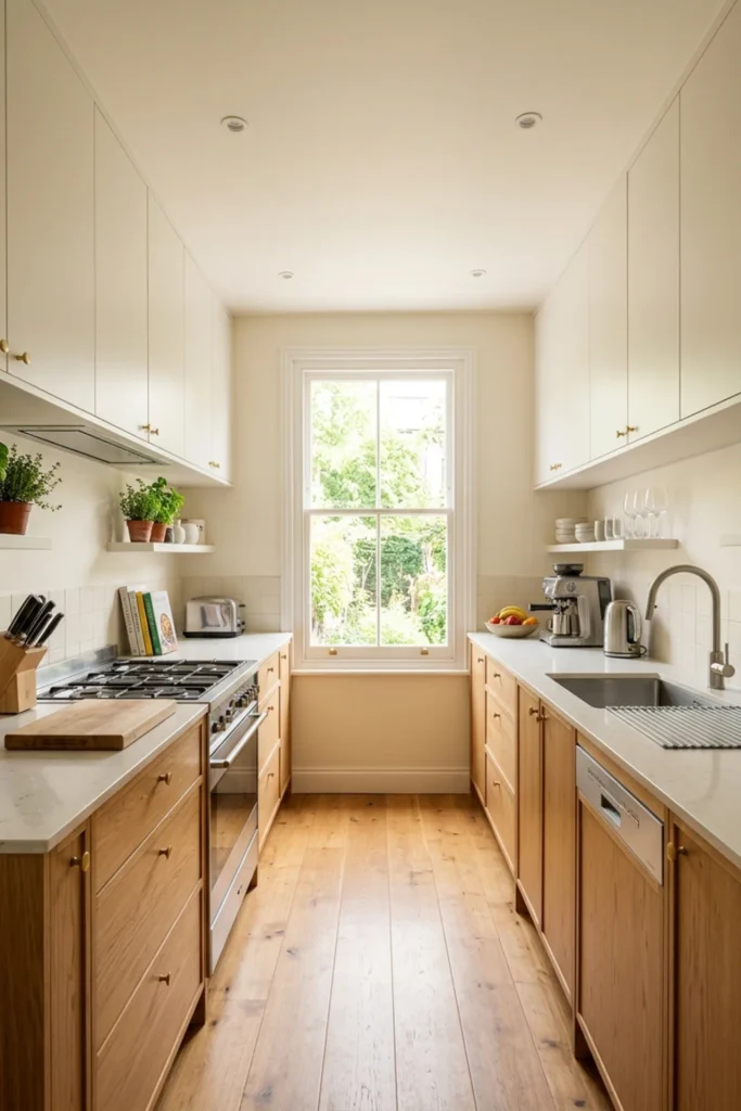 Narrow galley kitchen with warm white walls and ceiling