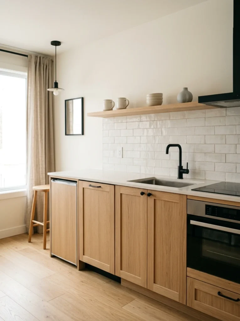 White oak and black kitchen with one useful oak open shelf