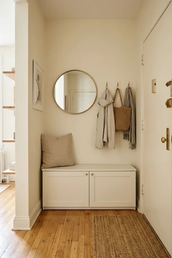 Small apartment entry with a built-in-look hidden storage bench