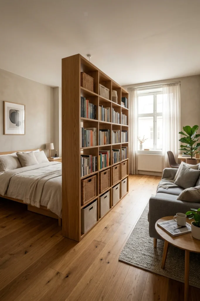 Small studio apartment using a bookcase as storage and a room divider