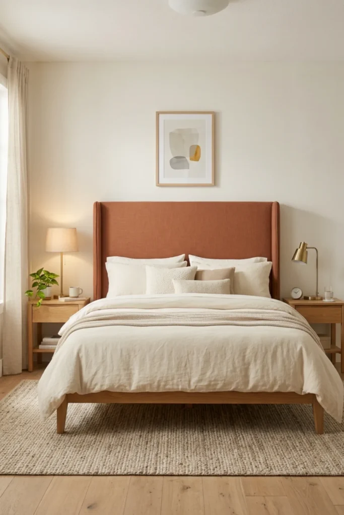 Terracotta bedroom with a clay-colored upholstered headboard