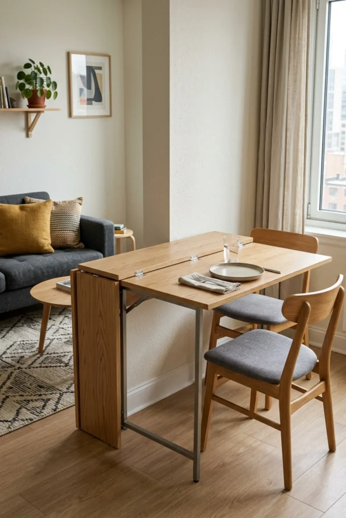 Small apartment with a console table that converts into dining space