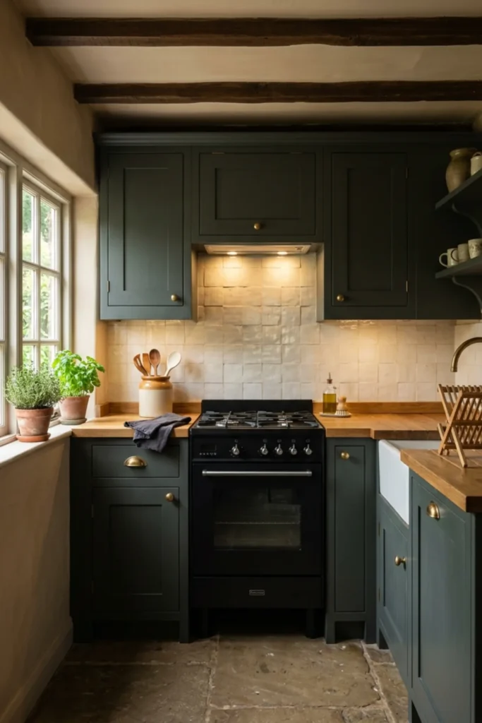 Dark cottagecore kitchen brightened by a cream tile backsplash