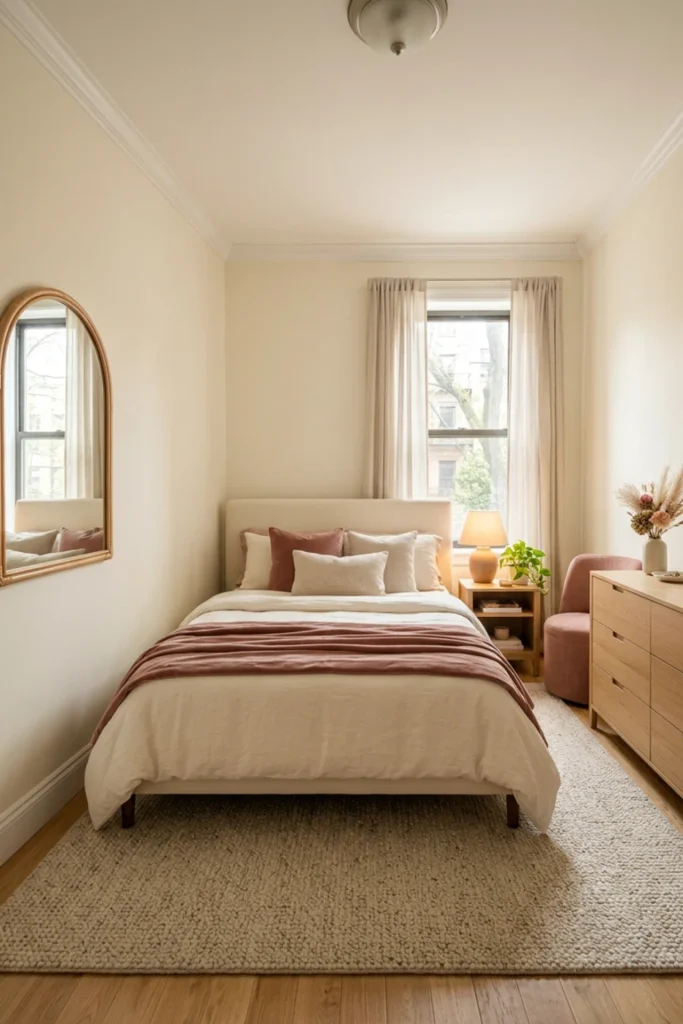 Romantic minimalist bedroom with a softly curved wall mirror