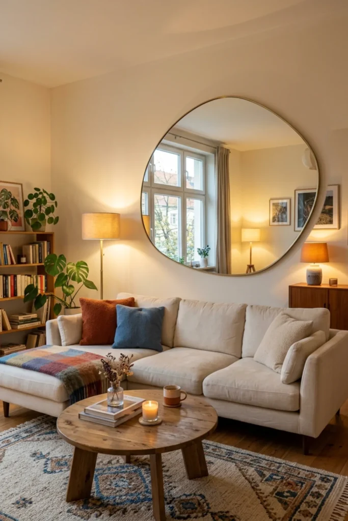 Vibey living room with a curved mirror reflecting light