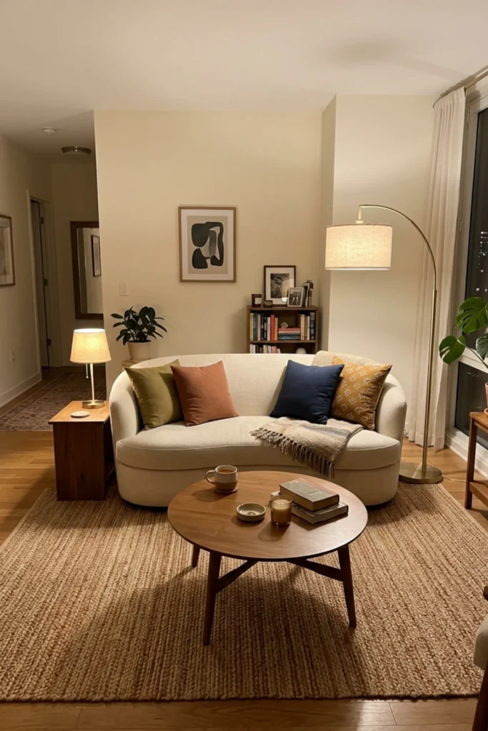Vibey apartment living room with a softly curved sofa