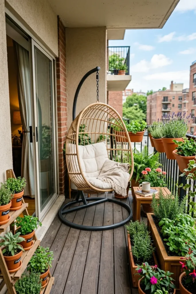 Renter-friendly patio garden with a freestanding hanging chair
