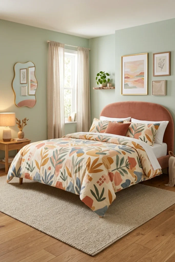 Funky bedroom using one major pattern for visual balance