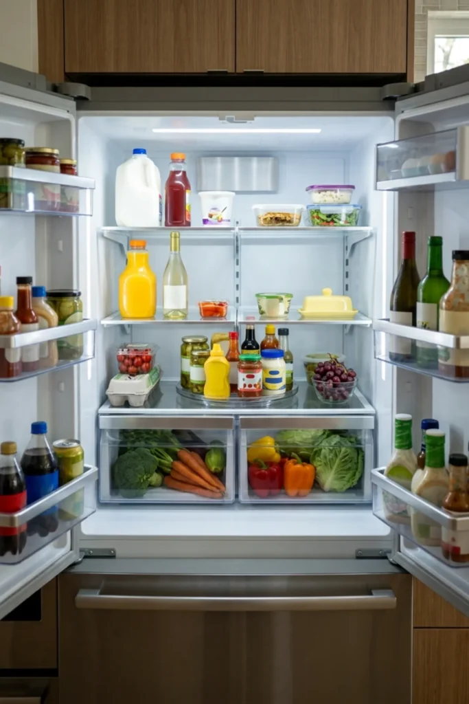 Organized refrigerator shelf with a clear turntable for small jars