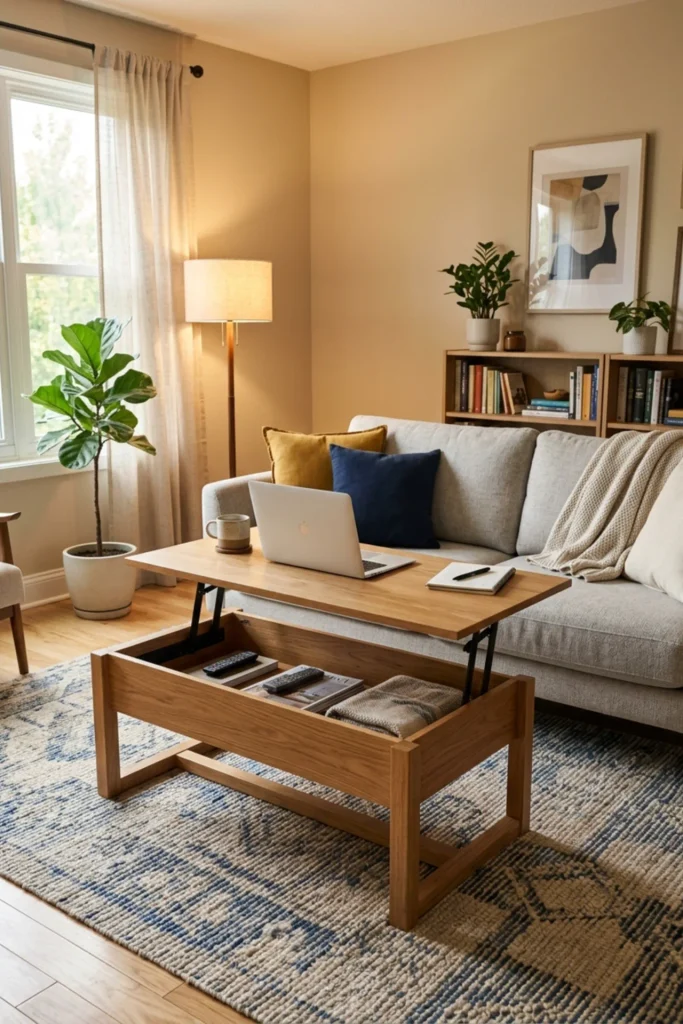 Small apartment with a lift-top coffee table used as a work surface