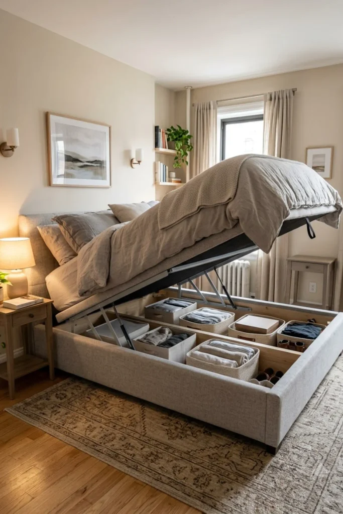 Small apartment bedroom with a lift-up storage bed