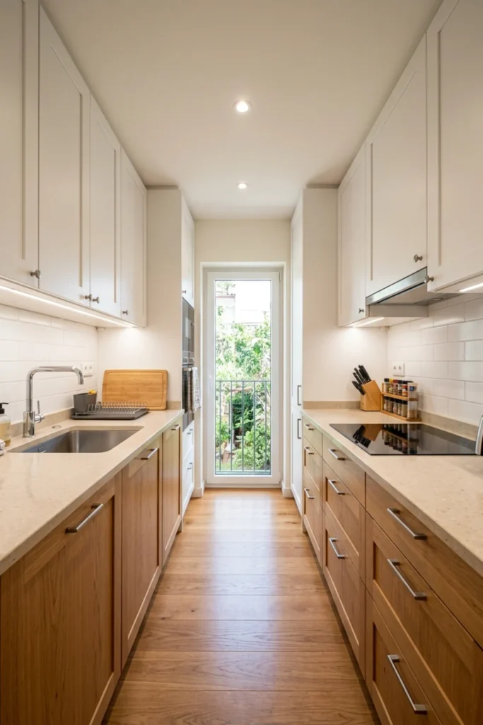 Narrow galley kitchen with slim light-colored countertops