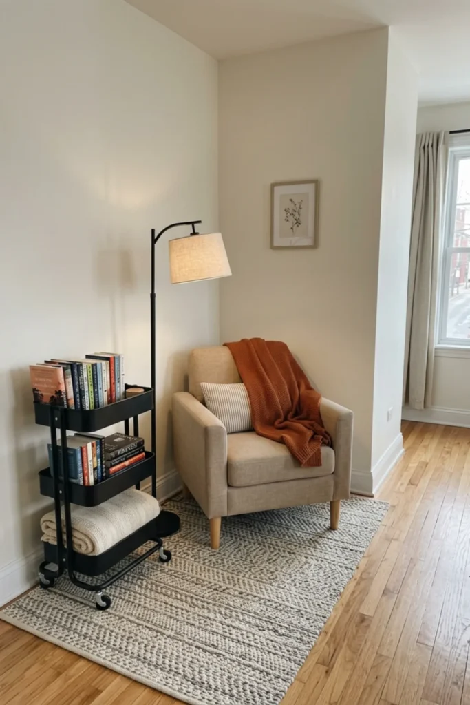 Rental-friendly reading nook with a low rolling book cart