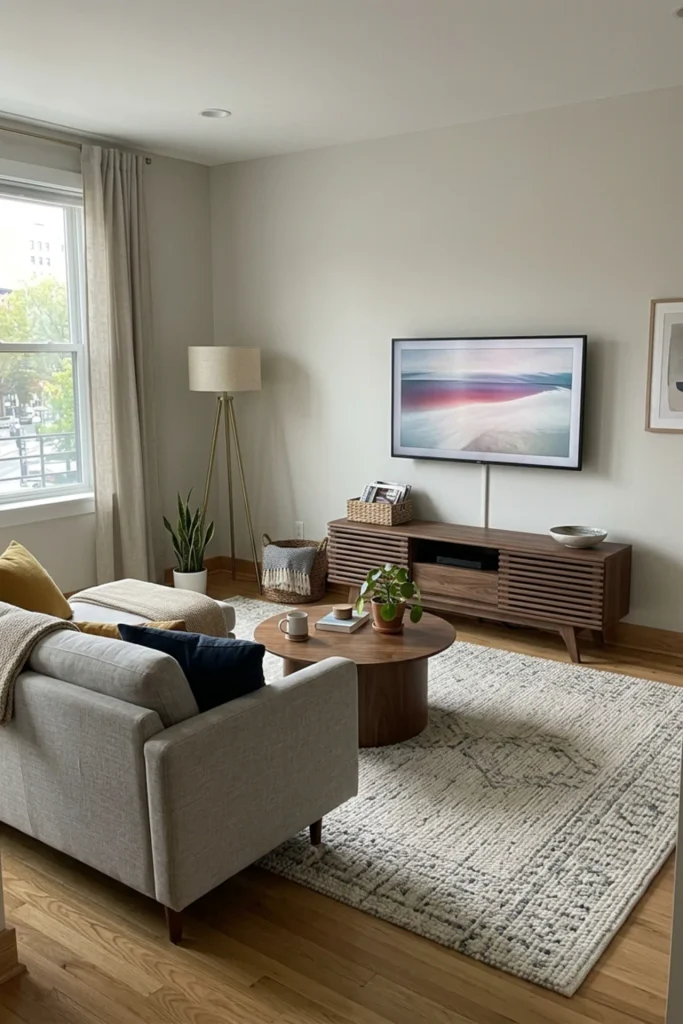 Small apartment with a low media console and closed storage