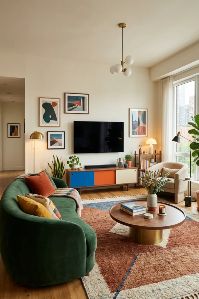 Apartment living room with a low warm-toned media console