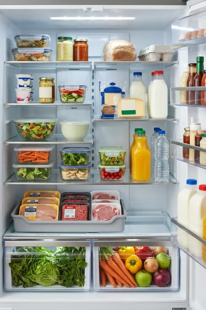 Refrigerator with packaged raw meat contained in a low washable tray