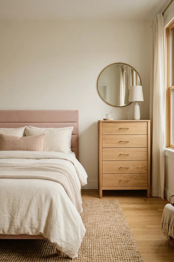 Small romantic bedroom with a narrow minimalist dresser