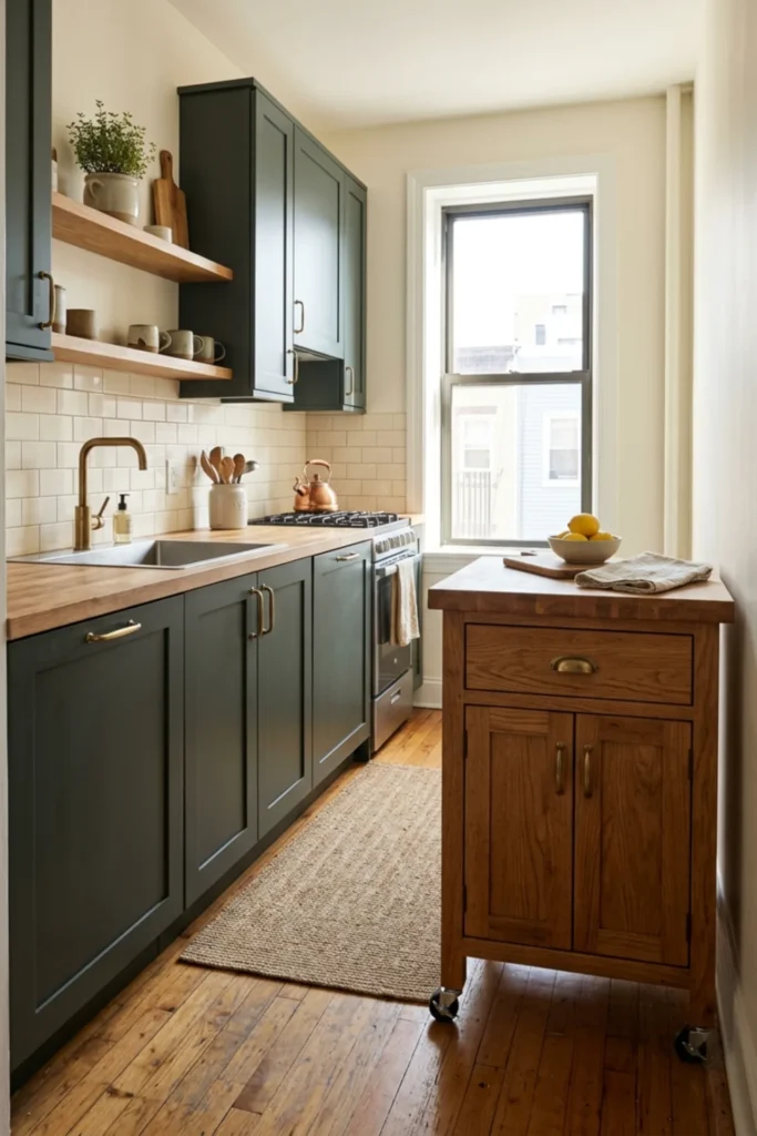 Small dark cottage kitchen with a narrow rolling prep cart