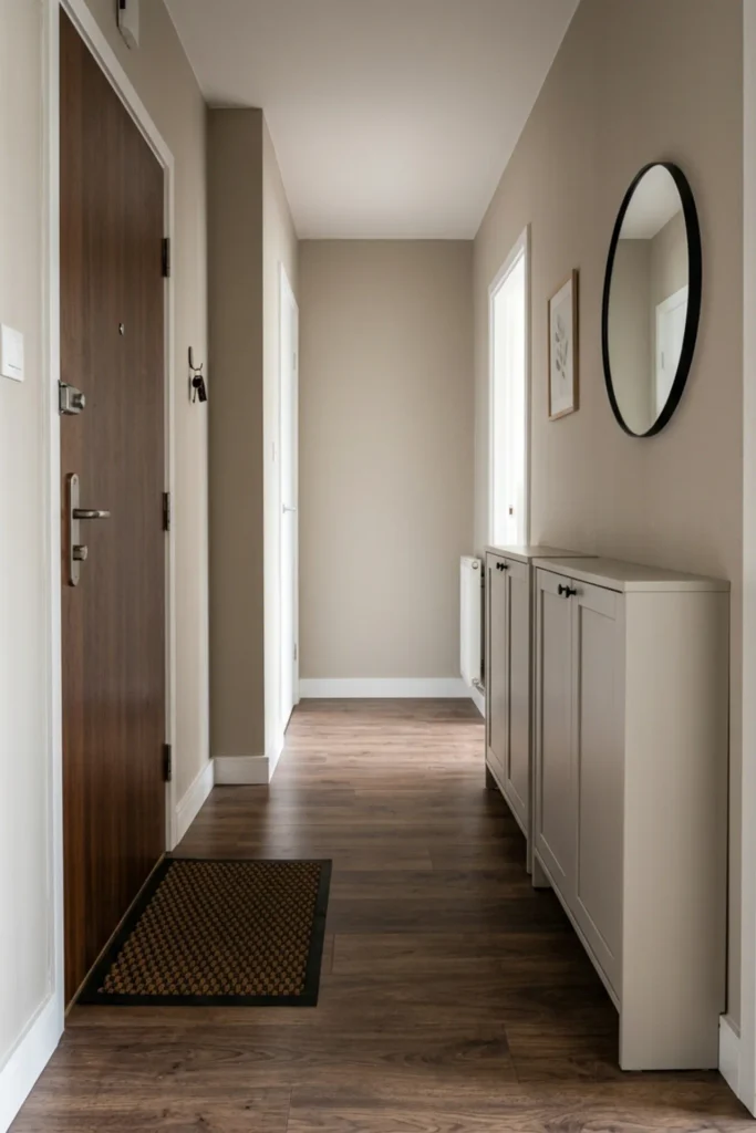 Narrow hidden shoe cabinets that look built into a small apartment entry