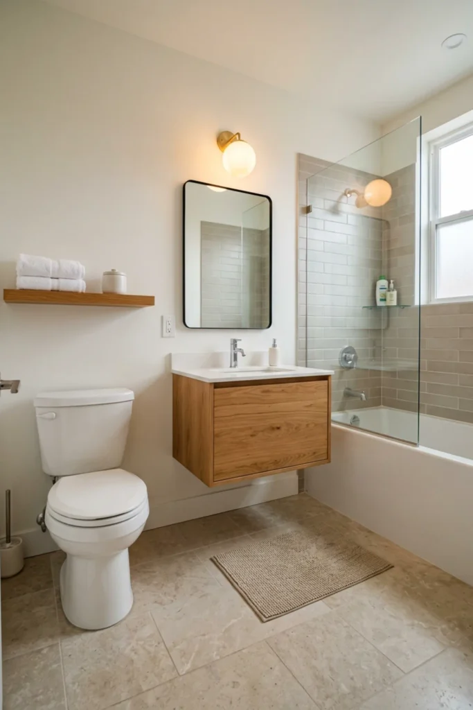 Retro bathroom with a narrow warm wood shelf above the toilet