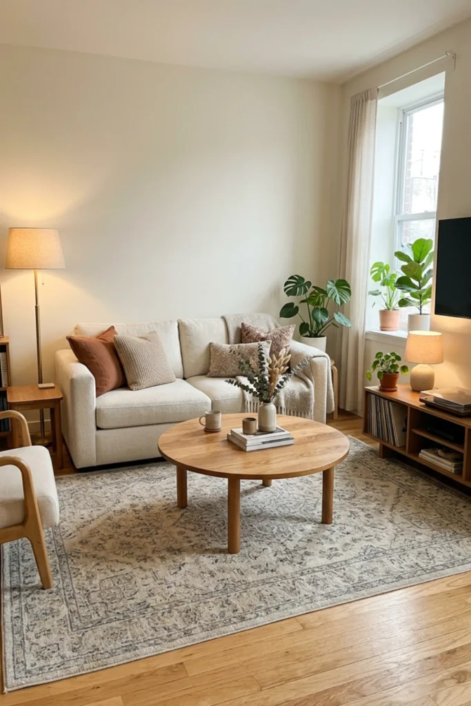 Small apartment living room with a round coffee table for easier circulation