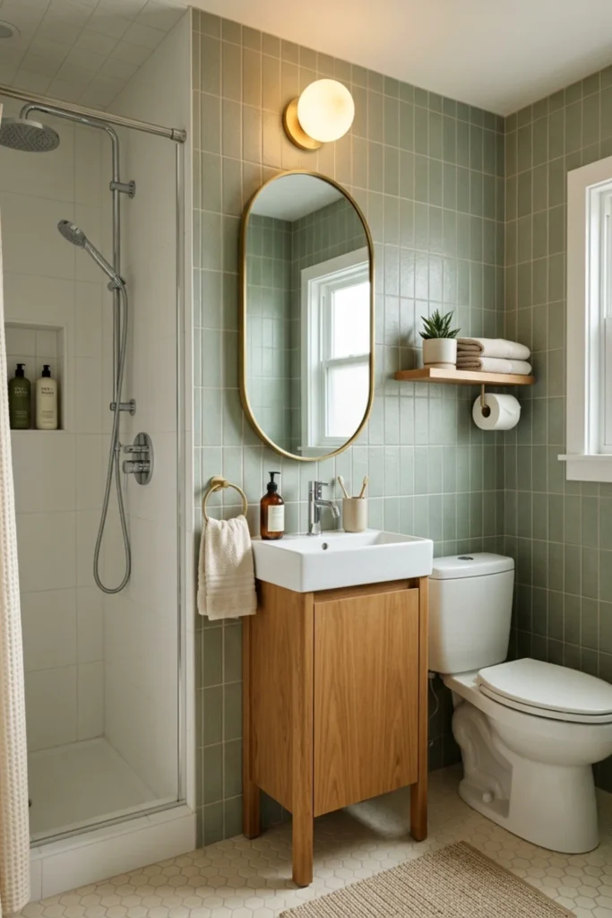 Small retro bathroom with a rounded mirrored medicine cabinet