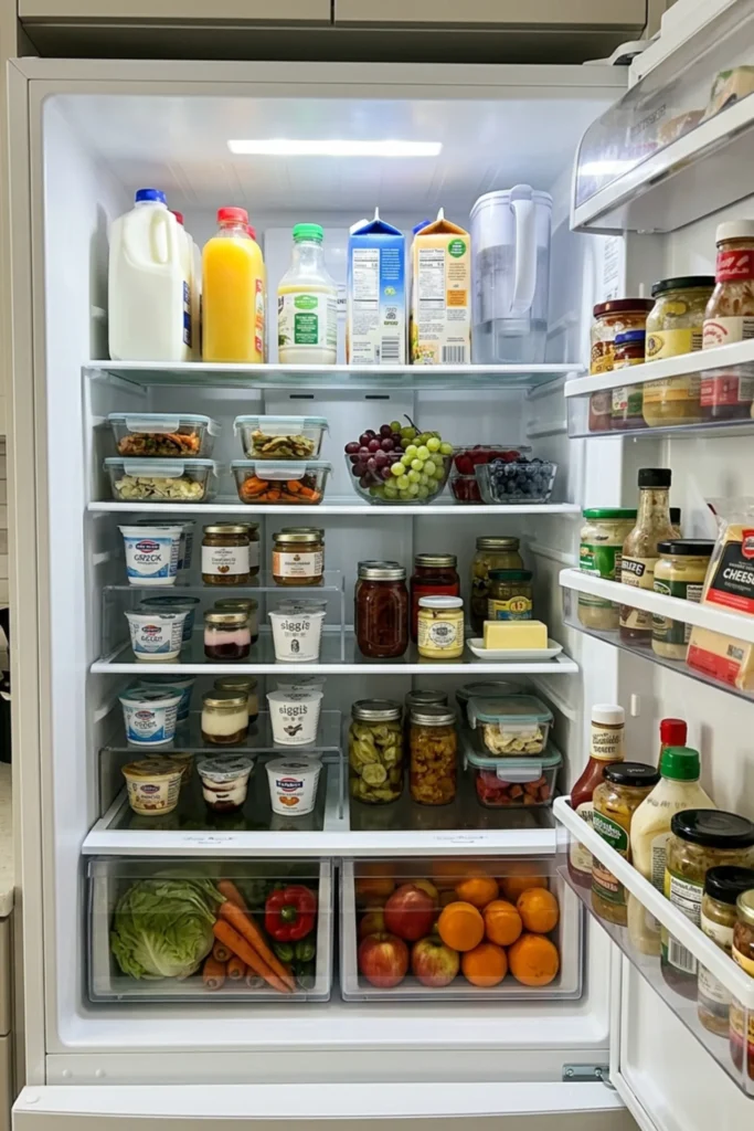 Refrigerator organized with one practical shelf riser for short containers