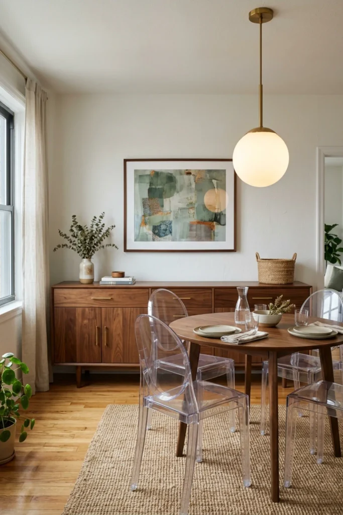 Small apartment dining room with a built-in-look hidden storage sideboard