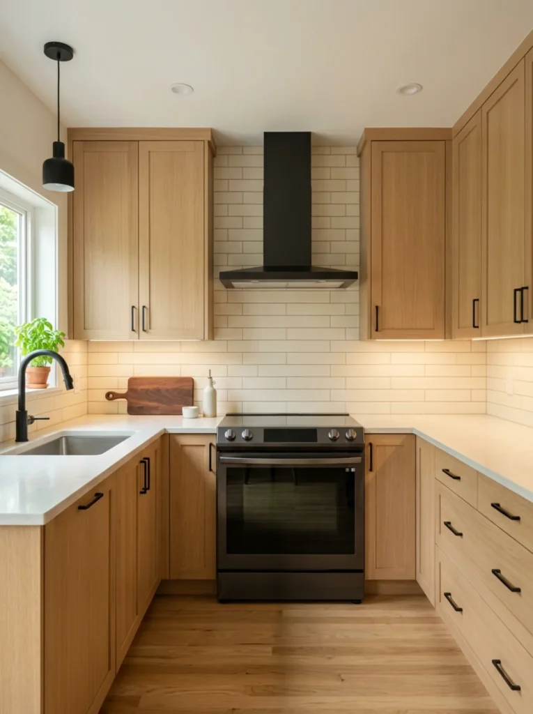 White oak small kitchen with a slim matte black range hood