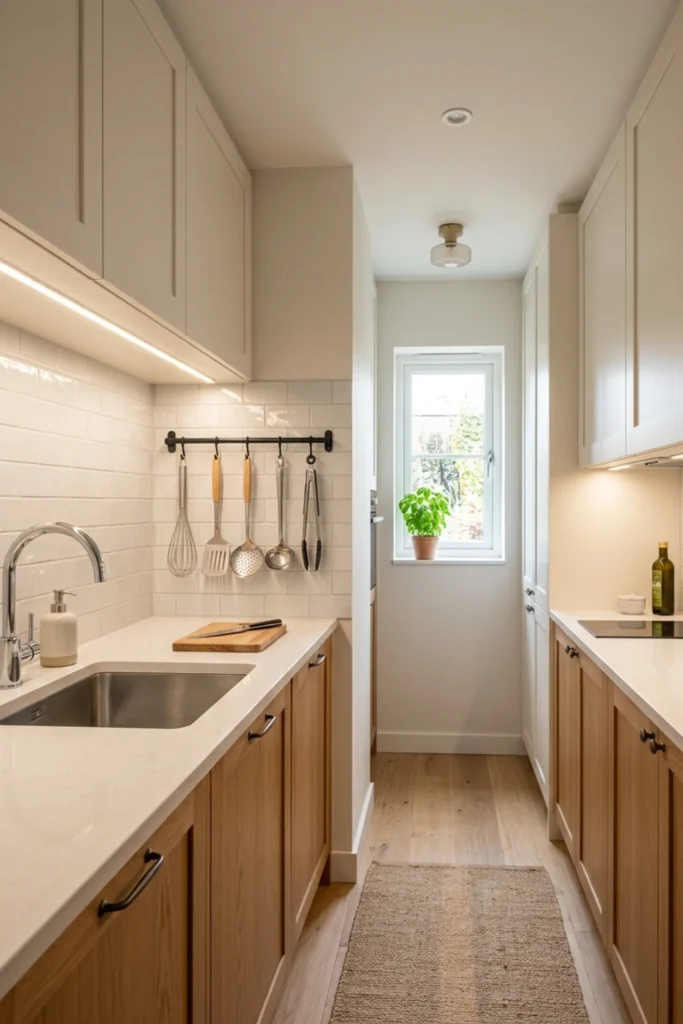 Narrow galley kitchen with a slim wall rail for everyday tools