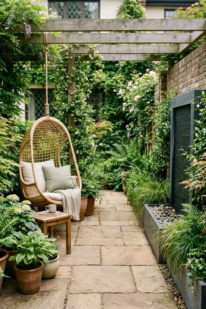 Patio garden with a hanging chair and slim water feature