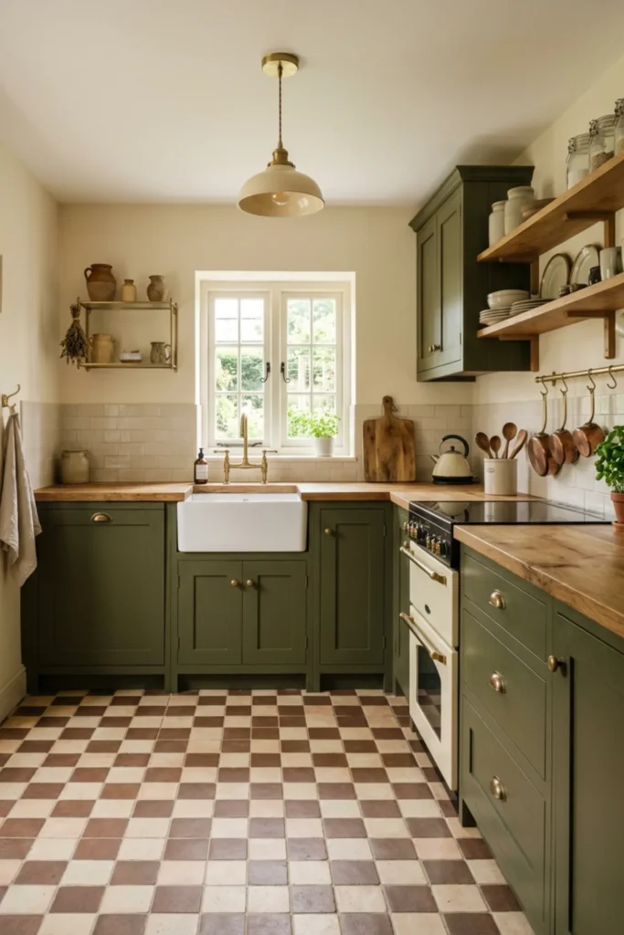 Small dark cottage kitchen with a soft cream and brown checker floor