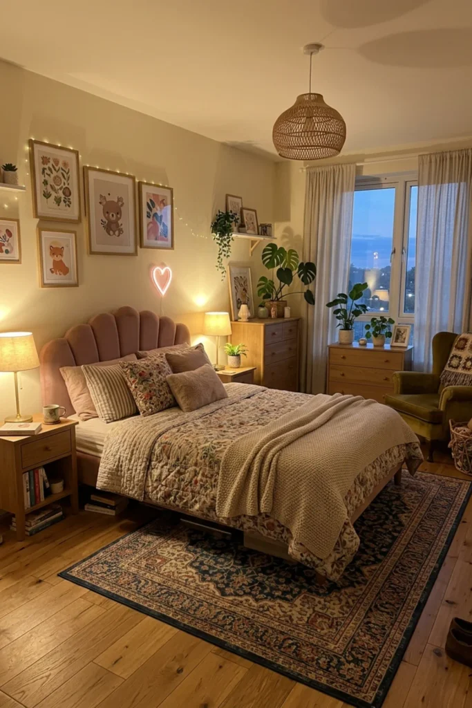 Funky bedroom with one small neon-style accent and warm normal lighting