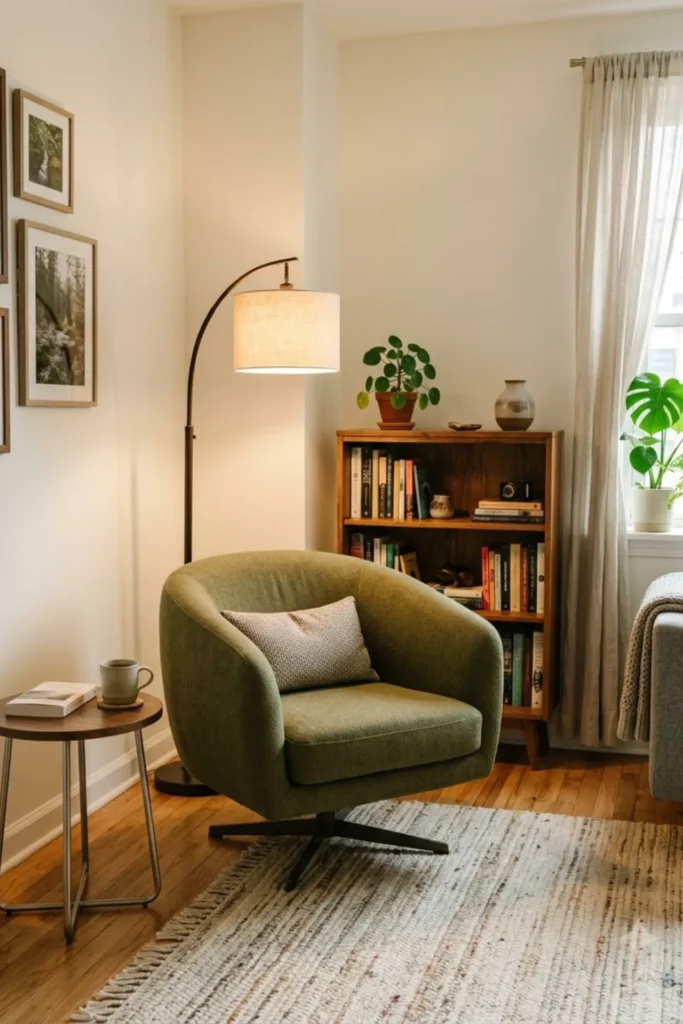 Small reading nook with a compact swivel chair