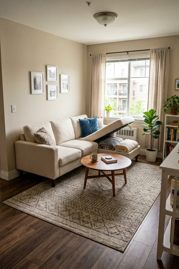 Small apartment sofa with hidden storage inside the chaise
