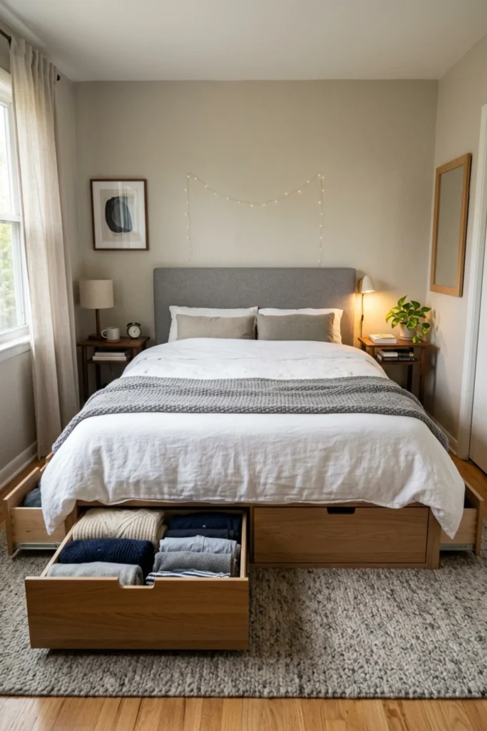 Small apartment bedroom with a storage bed and flush drawers