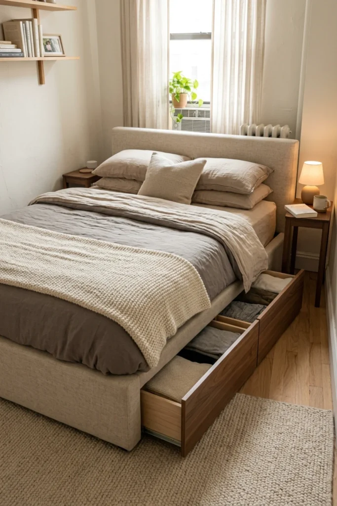 Small apartment bedroom with hidden storage drawers under the bed