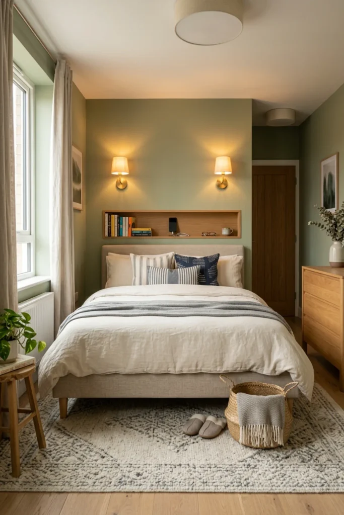 Small apartment bedroom with a multifunctional storage headboard