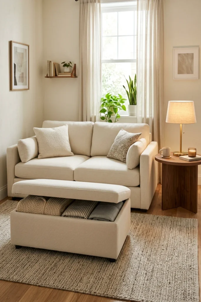 Small apartment living room with a hidden storage ottoman matching the sofa