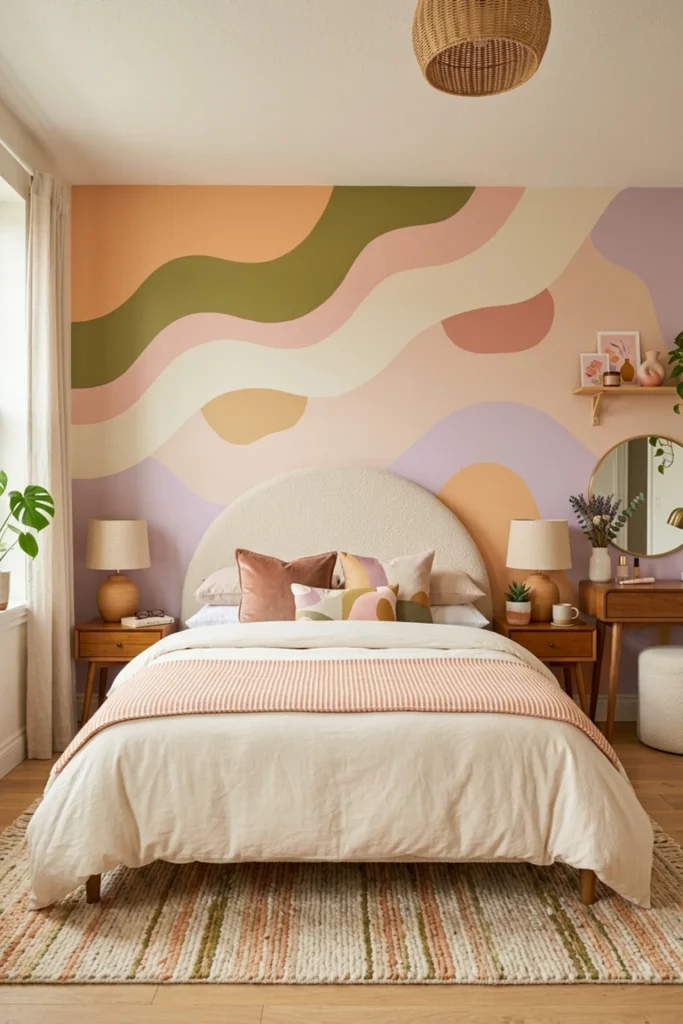 Colorful bedroom with a painted wave wall design