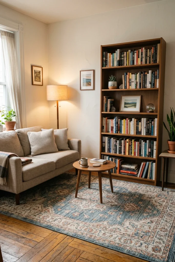 Small apartment with a tall narrow bookcase for vertical storage
