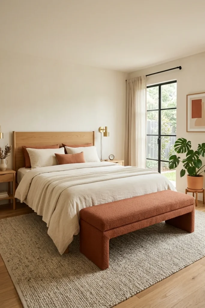 Terracotta bedroom with a clay-colored bench at the foot of the bed