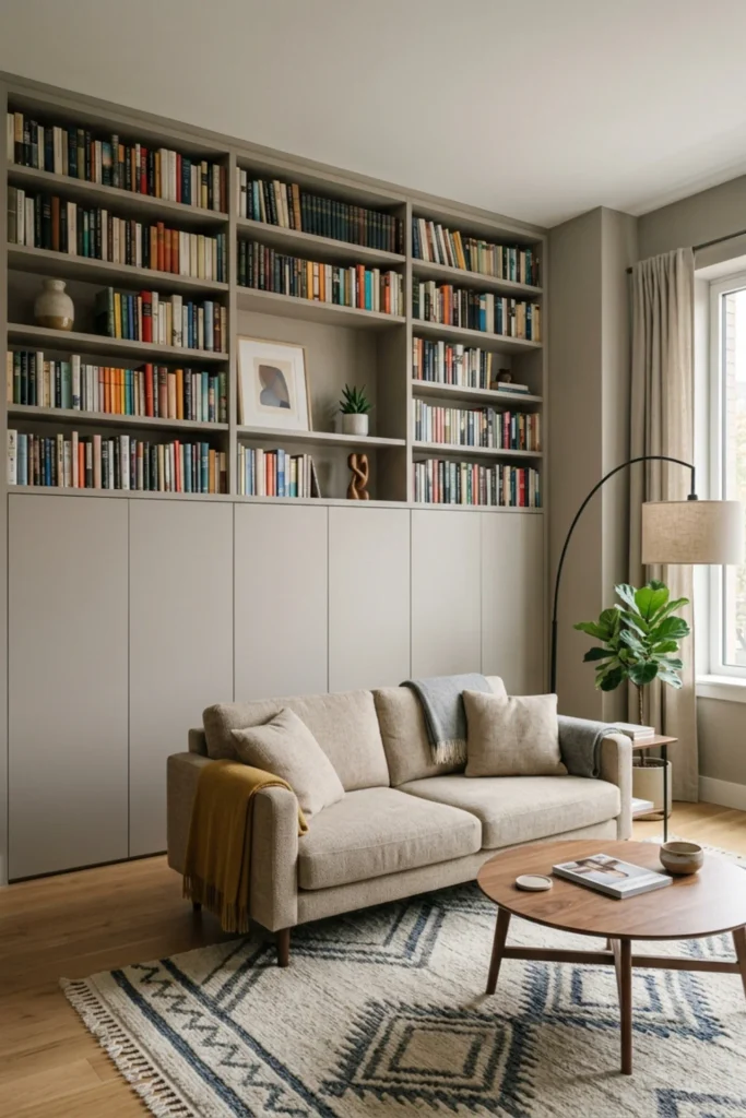 Wall-matched bookcase with hidden lower storage in a small apartment