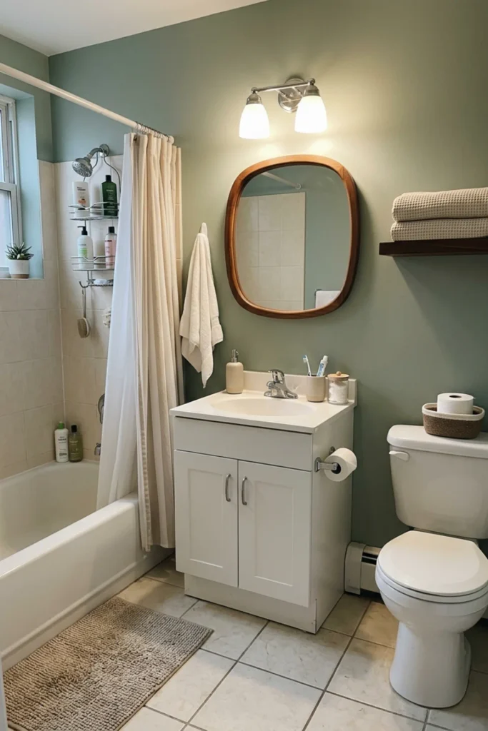 Retro apartment bathroom with a warm wood-framed mirror