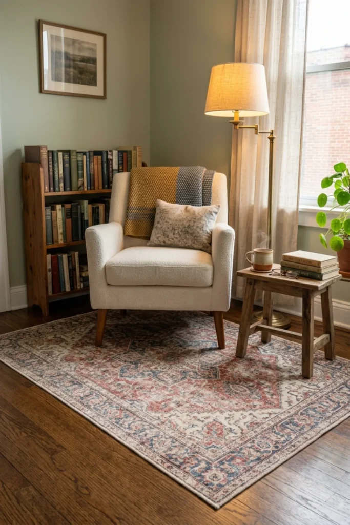 Small reading nook defined by a soft washable rug