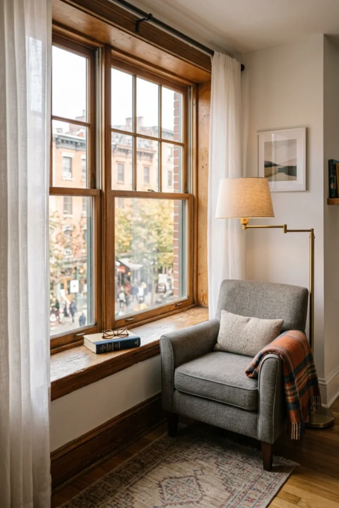 Small reading nook using a window ledge instead of a side table
